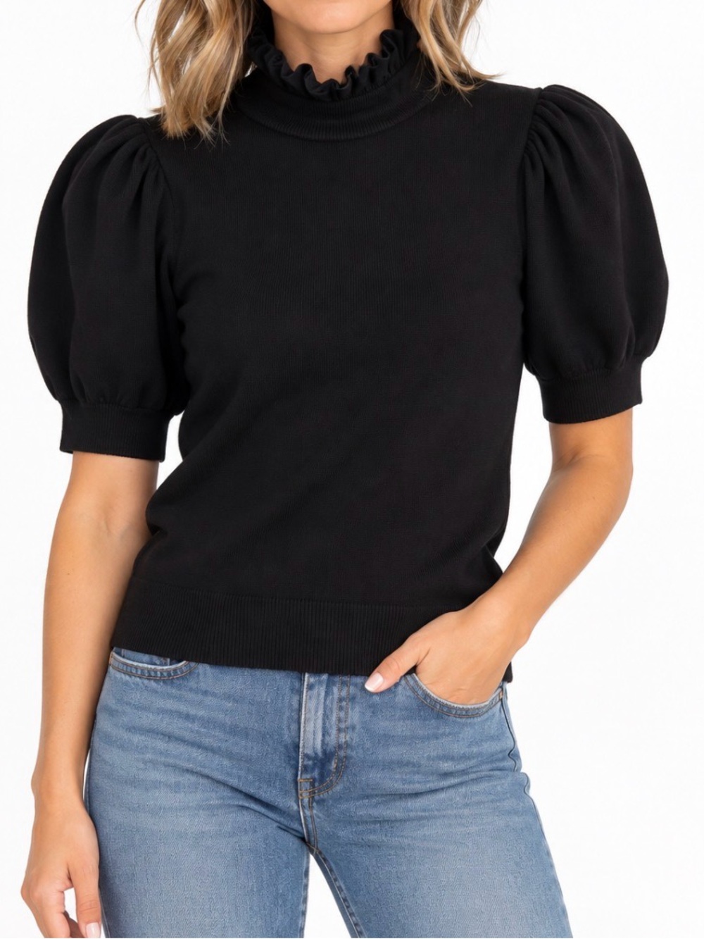 Alice + Olivia Sweater Chase Black Ruffled Mock Neck Puff Sleeve Top Like New